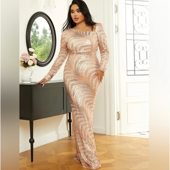 PLUS GOLD ASYMMETRICAL NECKLINE FORMAL MERMAID DRESS - Picture 1 of 11